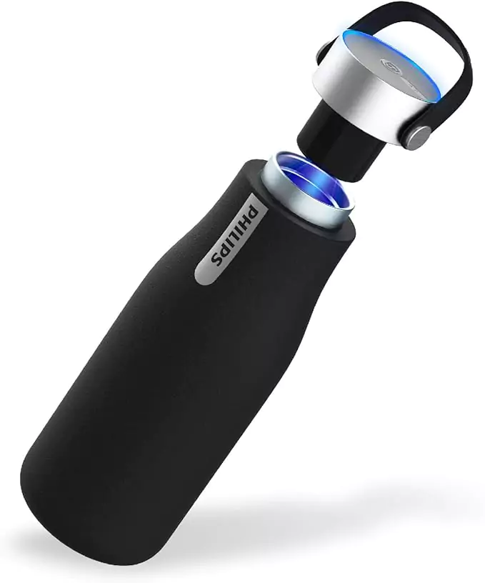 PHILIPS Water GoZero UV Self-Cleaning Smart Water Bottle Vacuum Stainless Steel Insulated Water Bottle with Handle Double-wall, Auto Cleaning, Keep Drink Hot or Cold, BPA Free, Black, 20oz - Assured Germ Elimination
