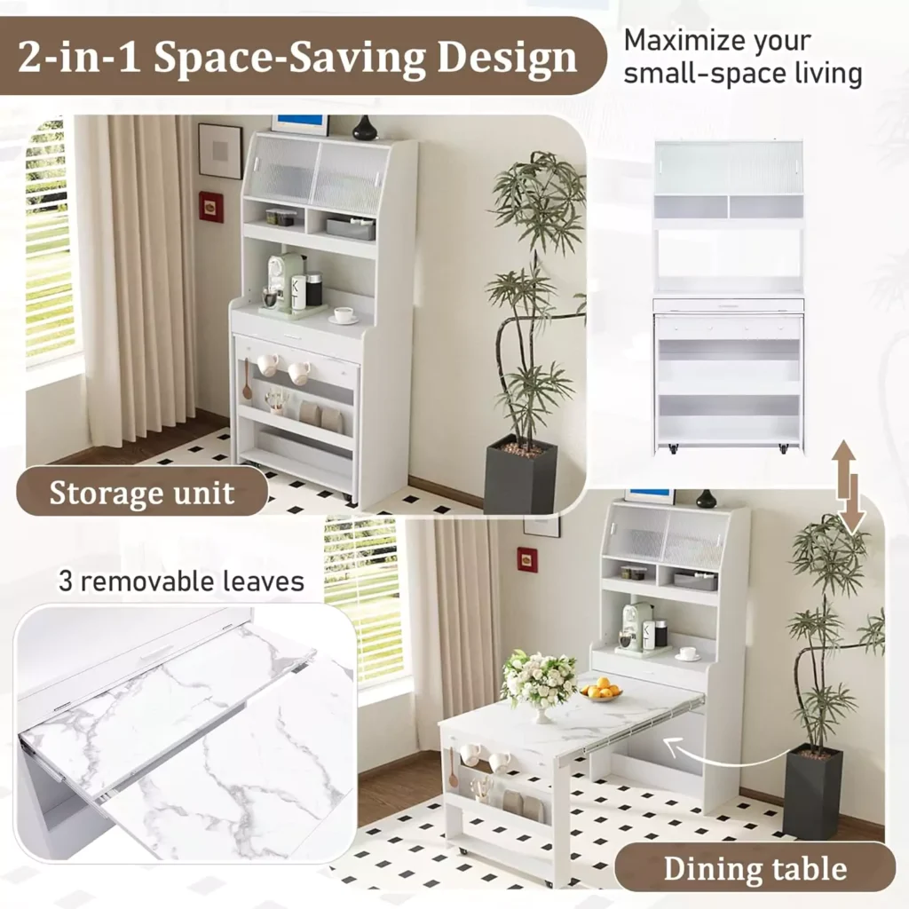 Polibi Space-Saving Buffet Hutch with Foldable Table - 2 in 1 Space-Saving Design
