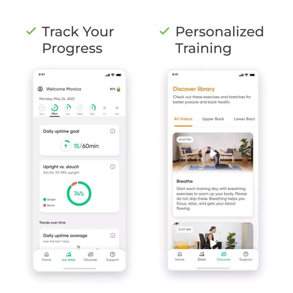 Upright GO 2 Premium posture corrector app interface showing progress tracking and personalized training, with goal setting, upright versus slouch statistics, daily averages, and exercise video library for back health; ideal for women and men searching for the best posture corrector with app, track posture progress, or personalized posture training device by AI Artz.