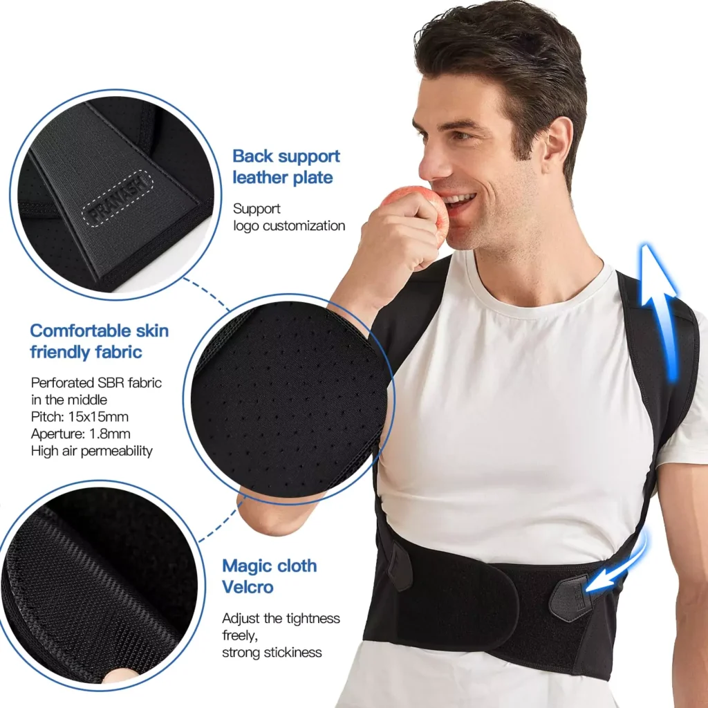 Adjustable posture corrector for women and men showcasing back support leather plate, comfortable skin-friendly perforated fabric, and strong magic cloth Velcro for personalized fit; ideal for upper spine scoliosis, hunchback correction, shoulder straightening, and back support brace, breathable posture device with easy tension control by AI Artz.