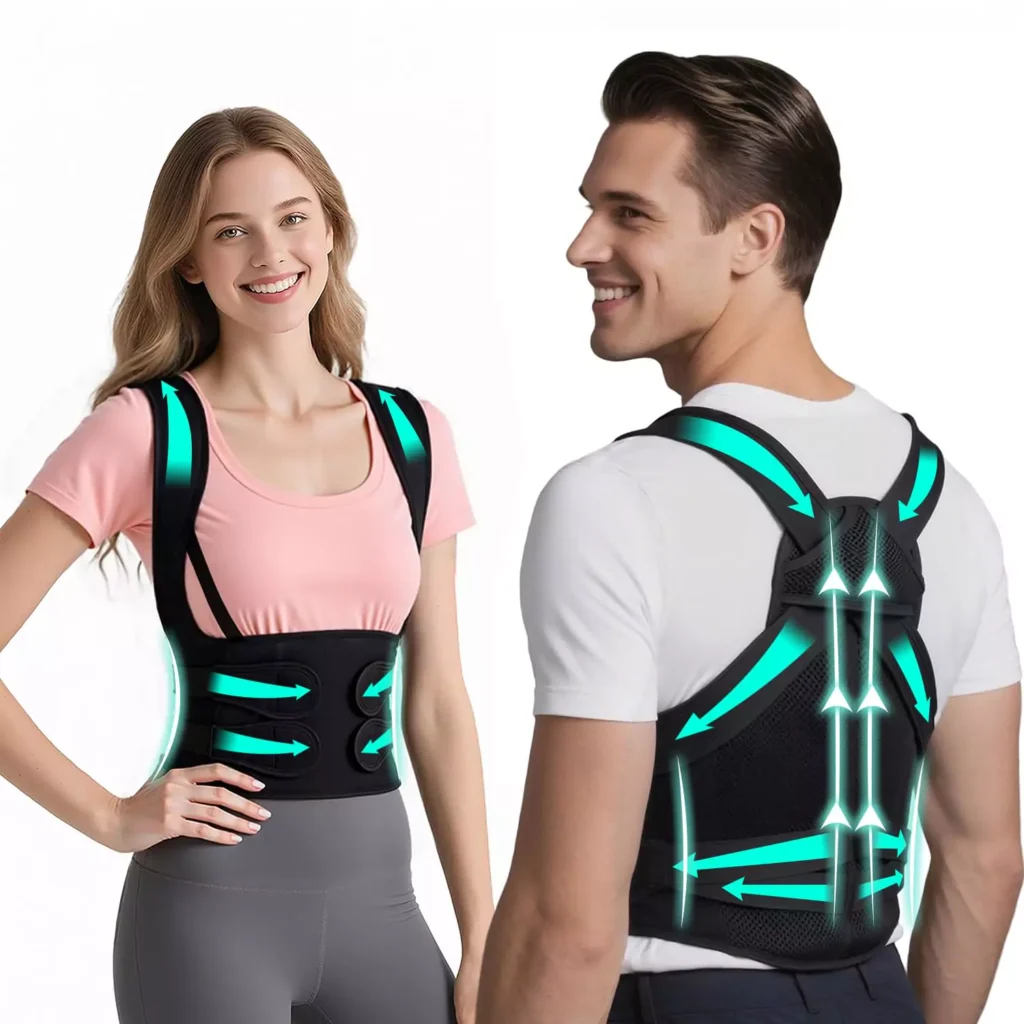 Back brace posture corrector for women and men featuring ergonomic adjustable shoulder straps and full back support, designed to relieve upper and lower back pain, improve scoliosis, hunchback, and thoracic spine alignment; upgraded breathable material and large size for comfortable daily wear, ideal for those seeking effective posture support and shoulder straightener by AI Artz.
