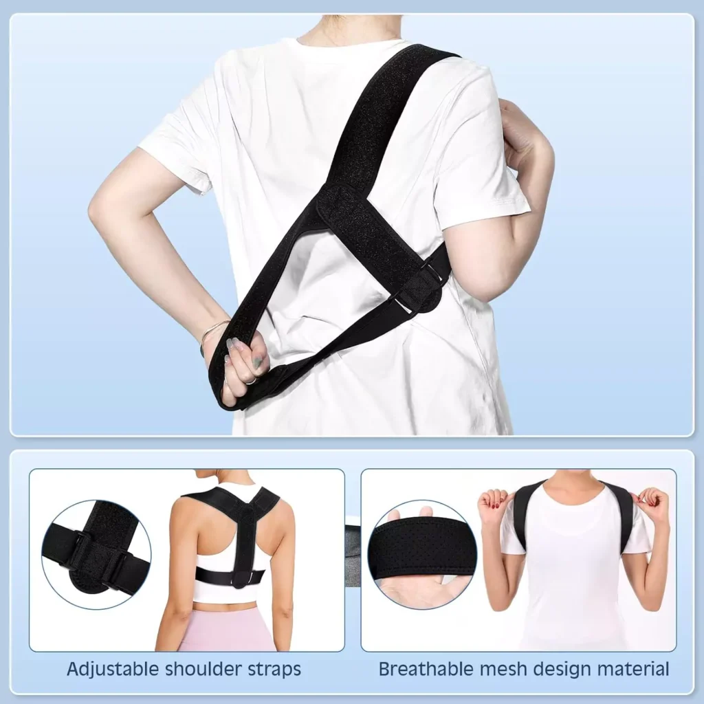 Posture corrector for women and men featuring adjustable shoulder straps and breathable mesh design, upper back brace for spine support straightening and neck, shoulder, back, and lumbar pain relief; comfortable and easy-to-wear posture device ideal for daily use and users searching for a lightweight back support brace by AI Artz.