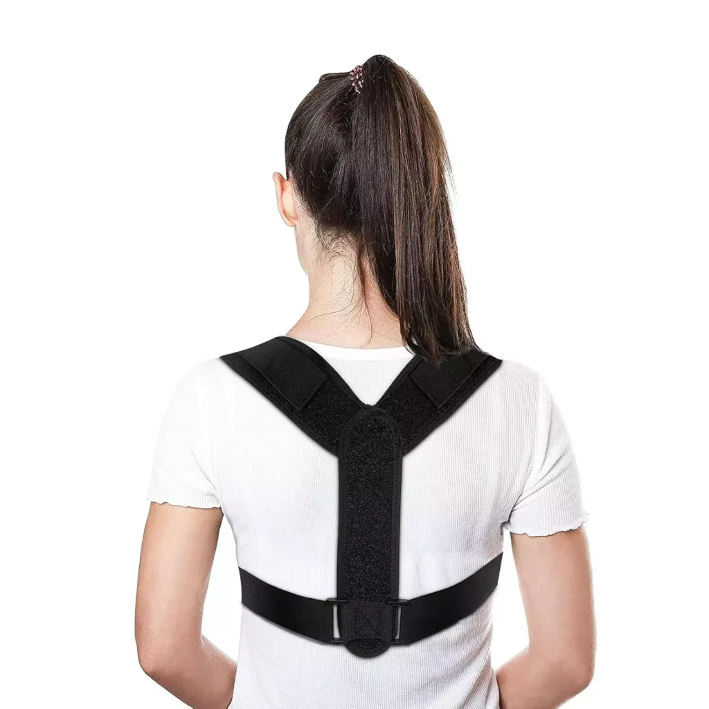 Woman wearing adjustable posture corrector for women and men, designed to support the upper back, neck, and shoulders; comfortable, breathable back brace helps relieve spine, lumbar, and shoulder pain, ideal for users searching for an easy-to-wear spine support straightener or daily posture improvement device by AI Artz.