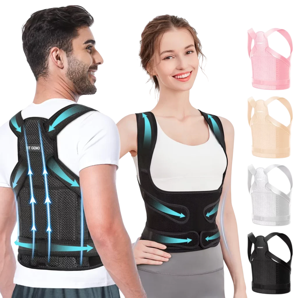 Fit Geno Back Brace Posture Corrector worn by a man and woman, showing adjustable shoulder and full back support design for upper and lower back pain relief, scoliosis, hunchback, and spine alignment; available in multiple colors, effective posture straightener for men and women, ideal for those searching full back support brace or shoulder posture corrector by AI Artz.