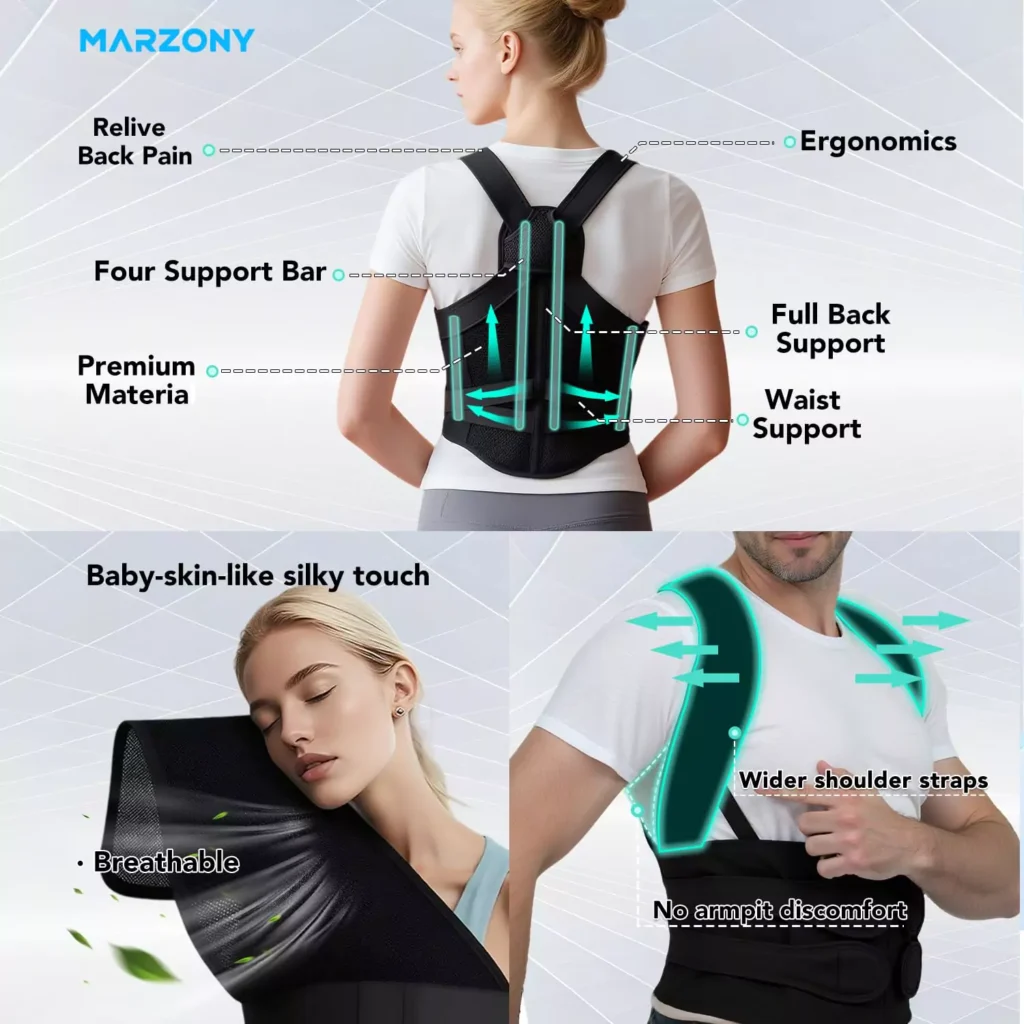 Back brace posture corrector for women and men featuring four support bars, ergonomic full back and waist support, premium breathable fabric with baby-skin-like softness, wider shoulder straps for comfort, and no armpit discomfort; ideal for upper and lower back pain relief, scoliosis, hunchback, thoracic spine alignment, and users searching for comfy posture straightener by AI Artz.