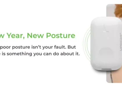 Posture-Correcting Wearable Devices - Upright GO 2 Premium posture corrector and smart app shown on woman's upper back, featured with tagline "New Year, New Posture"; device helps improve posture, supports back health, and provides real-time training and tracking for women and men, ideal for users searching wearable posture trainer with app and easy posture correction solutions by AI Artz.