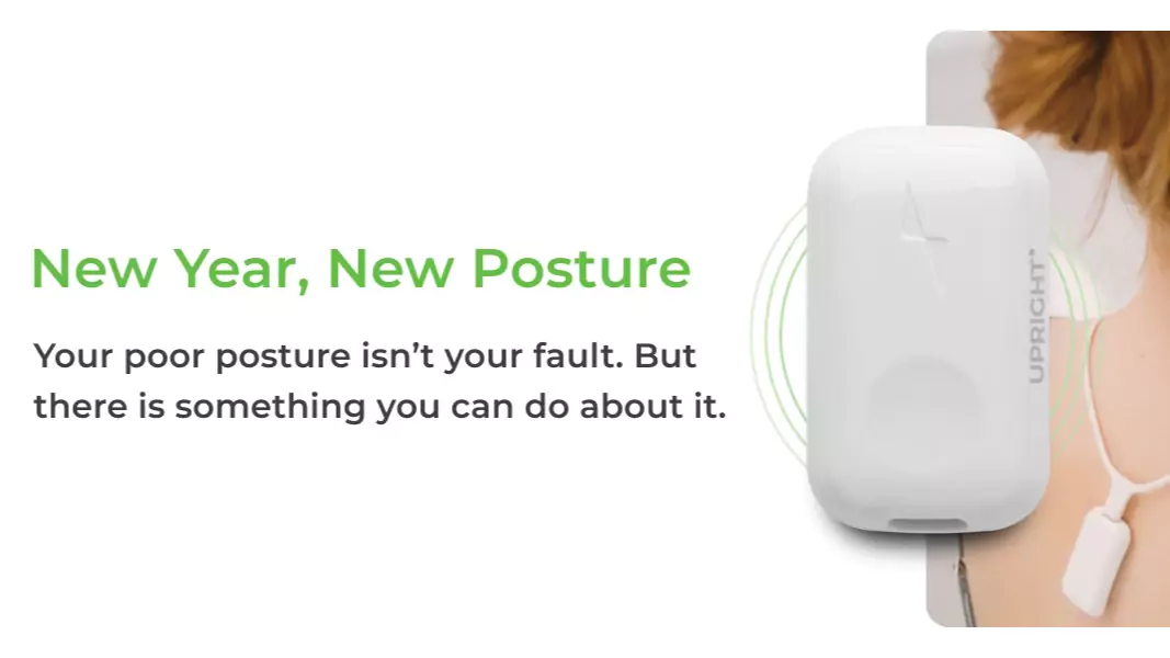 Posture-Correcting Wearable Devices - Upright GO 2 Premium posture corrector and smart app shown on woman's upper back, featured with tagline "New Year, New Posture"; device helps improve posture, supports back health, and provides real-time training and tracking for women and men, ideal for users searching wearable posture trainer with app and easy posture correction solutions by AI Artz.