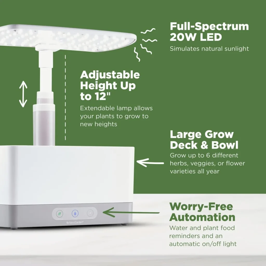 AeroGarden Harvest indoor garden kit with light on amazon hydroponic system full spectrum 20W LED adjustable lamp height up to twelve inches large grow deck and bowl for six pods with easy automation for home herb and vegetable gardening by AI Artz