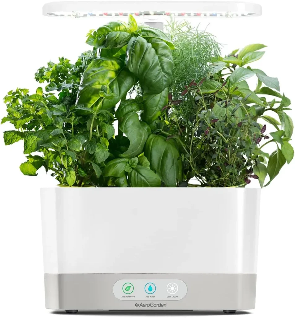 AeroGarden Harvest indoor garden kit with light amazon hydroponic system LED grow light holds up to six pods countertop herb planter for home fresh greens kitchen gardening easy touch controls for water and plant food reminders by AI Artz