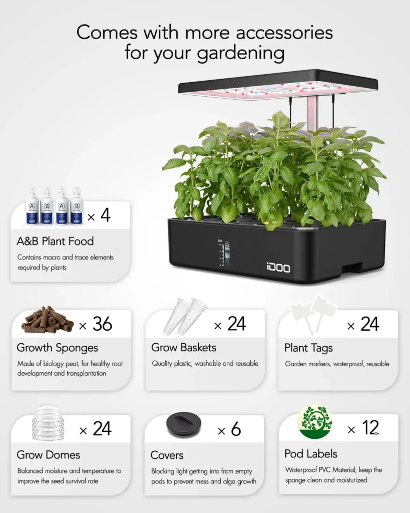 iDOO indoor garden kit with light on amazon accessories set including plant food growth sponges grow baskets plant tags grow domes covers pod labels for 12 pod hydroponic growing system smart LED planter kit for herbs and vegetables by AI Artz