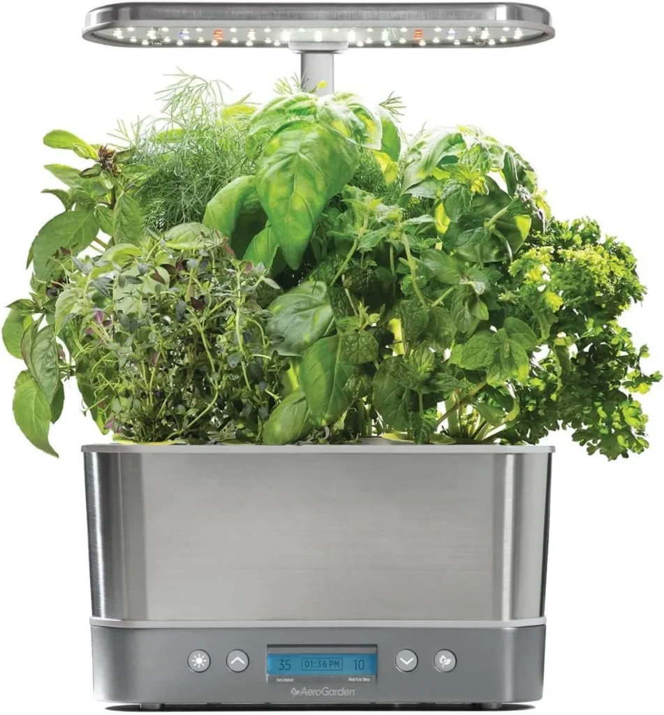 AeroGarden Harvest Elite indoor garden kit with light amazon featuring stainless steel design hydroponic system with LED grow light and seed kit holds up to six pods smart control panel for easy home indoor herb and vegetable gardening by AI Artz