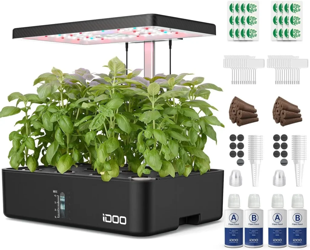 iDOO hydroponics growing system kit indoor garden kit with light on amazon twelve pod LED grow light smart planter built in fan auto timer adjustable height includes plant food and accessories for herbs vegetables ideal kitchen countertop gardening by AI Artz